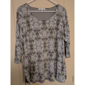 Rose + Olive Round Neck Sleeve Blouse SZ 1X Green Print BOHO Workwear Casual